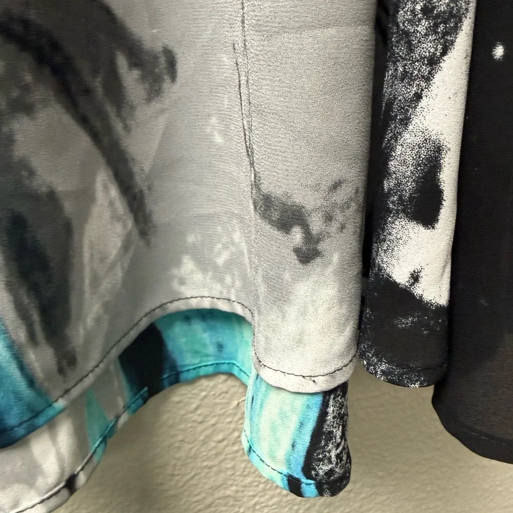 Valerie Stevens Teal Gray Abstract Blouse L Tie Neck Career Chic Top - Picture 5 of 9